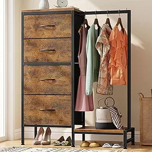 HIGDBFE Dresser with Hanging Rack, 4 Drawers Small Closet for Bedroom, Reversible Fabric Kids Chest of Drawers with Clothes Rack, Tall Storage Tower, Sturdy Frame, Rustic Brown, 44''H