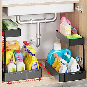 Pull Out Under Sink Organizer 2 Pack, 2 Tier Expandable Under Cabinet Storage with Height Adjustable Design for Kitchen Bathroom Laundry Room