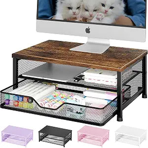 OPNICE Computer Monitor Stand Riser, Desk Organizer with Drawer, Printer & Laptop Stand, Office Desk Accessories & Workspace Desktop Organizers Storage for Office Supplies(Brown)