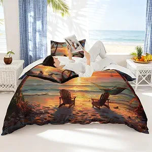 Castle Fairy Tropical Sunset Palm Tree Duvet Cover (NO Comforter),Ocean Sunset Coastal Beach Breathable Comforter Cover,Watercolor Seaside Landscape Comforter Cover 3 Pcs with 2 Pillowcases King Size