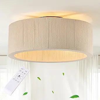 Boho Ceiling Fan with Light and Remote,Rattan Fandelier Ceiling Fan with Light Flush Mount Woven Farmhouse Caged Enclosed 6 Speeds Ceiling Fans for Bedroom Living Room Kitchen (White)