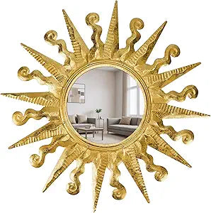 Golden Sun Wall Mirror Decorative 24 inch Metal Frame Mirror Sunburst Boho Mirror for Entryway Bedroom Living Room Bathroom House Warming Gifts New Home Essential