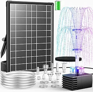 Antfraer 8W Solar Fountain Pump Built-in 3600mAh Battery & LED Lights, Solar Powered Water Pump with Double-Layer Nozzle & 5ft Tubing, Solar Water Fountain For Bird Bath Pond Garden DIY Water Features