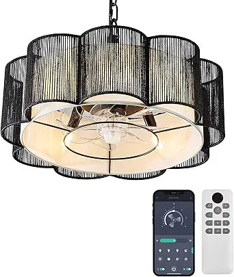 20" Rattan Ceiling Fan, 4-Lights Caged Fandelier Ceiling Fan with Remote and App Control, Drum Lampshade, Boho Chandelier with Fan for Dining Room, Bedroom, Kitchen (Black Farmhouse)