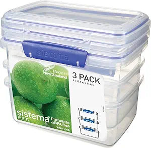 Sistema KLIP IT Rectangular Collection Food Storage Container, 33.8 oz./1.0 L, Clear/Blue, 3 Count