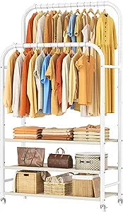 HOMIDEC Double Rods Clothes Rack Clothing Rack with 3 Tier Storage Shelves Clothes Rack for Hanging Clothes Multifunctional Heavy Duty Clothes Organizer for Bedroom,Wardrobe Closet,Shop,White
