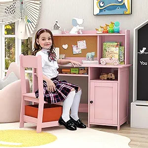 TaoHFE Pink Kids Desk and Chair Set, Kids Desk Chair with Storage and Shelf, Wooden Kids Table and Chairs for Bedroom and Study, Craft Table with Storage Gifts for Girls to Study