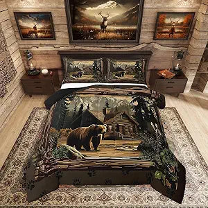Erosebridal Rustic Cabin Bedding Sets Queen Hunting Wild Bear Comforter Set Country Farmhouse Lodge Down Comforter for Kids Boys Adults Men Retro Woodland Mountain Pine Tree Leaves Quilt Duvet