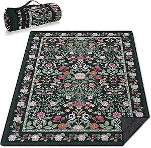 Floral Picnic Blankets Waterproof Foldable, 80X80 Extra Large Picnic Mat Boho Outdoor Blanket for Grass, Dark Packable Beach Blanket Sandproof Picnic Accessories for Camping Music Festival Park Lawn