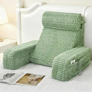 19" Reading Pillow for Bed with Built-in Arms & Large Pockets, Supportive Backrest Cushion for Reading, Resting, or Reclining, Washable Cover  Sage Green
