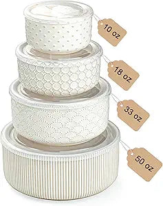 Mixing Bowls with Lids Set of 4, Ceramic Nesting Bowls, Embossed Mixing Bowl Set for Food Storage, Prep Bowl, Gift, Microwave and Dishwasher Safe, 10/18/33/50 OZ, Off-White