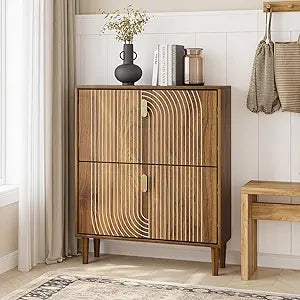 Shoe Cabinet Storage for Entryway with 2 Flip Drawers, Narrow Shoe Cabinet for Entryway, Hidden Slim Shoe Organizer Rack Cabinet (Walnut, 31.5" W)