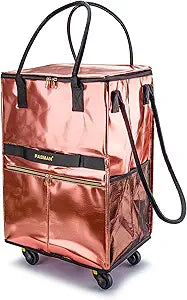 Reusable Grocery Bag on 5 Wheels, Foldable Rolling Tote Bag with Handle and Zipper Cover, Heavy Duty Shopping Cart for Laundry, Market & Travel (Pink, Medium_67L)