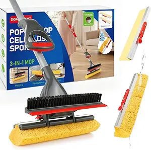 Sponge Mop for Floor Cleaning, Home Commercial Pop-up Cellulose Sponge Roller Mop with 2 Refill Heads, Includes Squeegee and Brush for Hardwood Tile Concrete Bathroom Kitchen Wall Ceiling