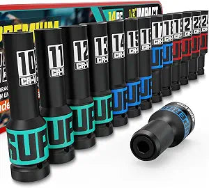 14-Piece 1/2" Drive Impact Socket Set, 10-24mm Thicker Deep Sockets with Storage Case and 1/2 to 1/4 Impact Wrench Adapter, Metric 6 Point Socket Set for Automotive and Home