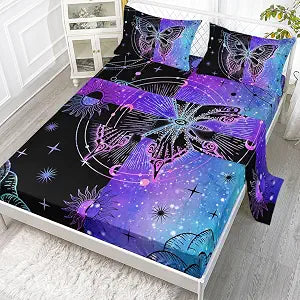 Datura home Bedding Fitted Sheet and Flat Sheet Set 4Pcs Black Blue Butterfly Printed Bedding Set with 1 Flat Sheet and 1 Fitted Sheet + 2 Pillowcases for Girls (Black Blue Butterfly Full)