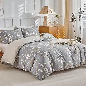 Lekesky King Duvet Cover Set, Gold Floral Duvet Cover King Size, 3 Pieces Grey Bedding Sets with Zipper, Ultra Soft Microfiber Reversible King Size Comforter Cover with 2 Pillowcases 20"x36"