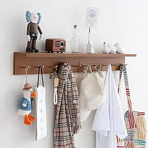 Marine Plywood Wall Mounted Coat Rack with Shelf & Key Hooks, 5 Brass Hooks Entryway Organizer, Modern Floating Shelf for Bedroom Hallway, Space-Saving Home Storage Rack (2, Teak Finish)