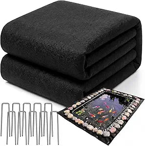Fanfanwin 15 x 25 ft ft Pond Liner Underlayment 6oz Heavy Duty Black Non Woven Geotextile Underlayment Fabric with 10 U-pins for Outdoor Pond Streams Fountains Garden Waterfalls Fishpond Weed Barrier