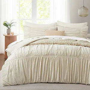 Oli Anderson Ruched Comforter Set King Size, 5PCS Fluffy Comforter with Elastic Design, Vintage Boho Comforter Bedding Sets, Shabby Chic Farmhouse Rustic Style Bedroom Decor for All Seasons - Beige