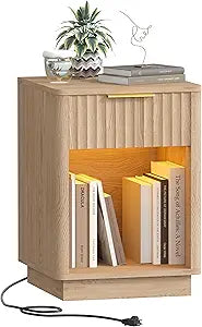 Akxomel Fluted Nightstand, Wooden Night Stand with Charging Station and LED Light, Modern Mid Century End Table with Drawer, 15" D x 15.7" W x 22.6" H, for Bedroom, Natural Oak