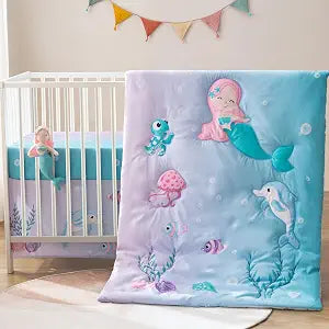 Crib Bedding Set with Plush Toy for Baby Boys Girls, Oeko-Tex | 4 Piece Nursery Bedding, Fitted Sheet, Quilt, Crib Skirt, Stuffed Mermaid, Gender Neutral, Cartoon Animal Style, Shower Gift