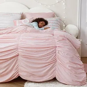 Wonderful 2 Piece Light Pink Ruched Ruffled Comforter Set with Pillow Shams,Twin Size Pleated Lightweight Comforter Set Bedding Set for All Season
