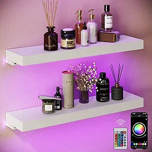 BAMEOS Floating Shelves with RGB LED for Wall, Sturdy Shelves with Light, Wall Mounted Display Shelves, Set of 2, Hanging Shelf for Bathroom, Bedroom, Kitchen, Living Room Storage, White