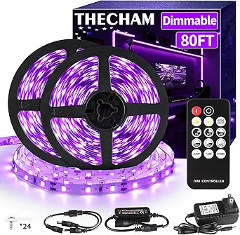 THECHAM 80ft Black Light LED Strip with Remote, Dimmable & Cuttable