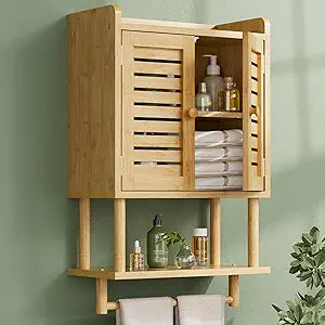 AmazerBath Bathroom Wall Cabinet, Bamboo Over The Toilet Storage Cabinet, Hanging Medicine Cabinets with Towel Bar, Wall Mounted Storage Shelf with Adjustable Shelves for Small Spaces