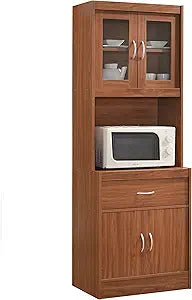 Hodedah Long Standing Kitchen Cabinet with Top & Bottom Enclosed Cabinet Space, One Drawer, Large Open Space for Microwave, Cherry