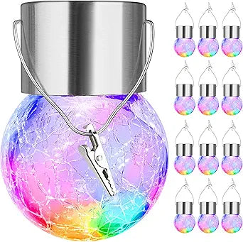 MAXvolador 12-Pack Hanging Solar Lights, Decorative Cracked Glass Ball Light, Multicolor Solar Powered Waterproof Globe Lighting for Garden, Tree