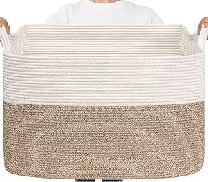 Goodpick Large Woven Blanket Basket 105L, 25"x16"x16" Cotton Rope Organizer for Toys, Dirty Clothes, Extra Large Rectangle Storage Basket for Living Room, Bedroom, White & Brown
