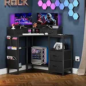 VENNQD Corner Desk with 6 Drawers Shelves for Small Space Computer Desk with Power Outlets,Gaming Desk with Printer Monitor Stand Storage for Home Office Workstation Writing Table (Black, 31.5)