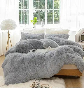 Plush Shaggy Duvet Cover Set 3 Pieces Aesthetic Fluffy Comforter Cover Set Ultra Soft Crystal Velvet���1 Faux Fur Comforter Cover + 2 Faux Fur Pillowcases���,Zipper Closure(Queen���Light Grey)