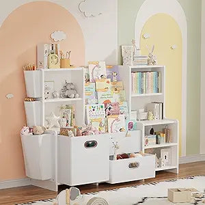 Kids Bookshelf and Storage Organizer, Baby Toddler 3 Tier Sling Bookcase Book Shelf, 6-Section Large Cabinet with 2 Drawer 3 Pockets