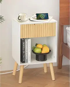 Fultyle Night Stand with Charging Station, Fluted Bedside Table with Drawer