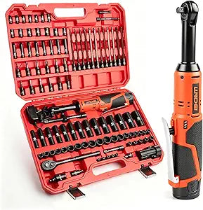 LLNDEI 3/8" 102Pcs Extended Reach Cordless Electric Ratchet Wrench Set, 12V Long Neck Power Ratchet (50N.m), Variable Speed, LED Light, 2x2000mAh Batteries & Charger, Hard Case
