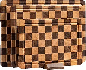 Checkered Cutting Boards for Kitchen, Wooden Cutting Board Set, Acacia Chopping Board with Juice Grooves & Handles, Butcher Block Serving Tray for Meat, Vegetables and Fruits, 3pcs