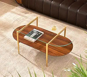 AGV LIGHTING Oval Rectangle Coffee Table with Clear Glass Top, 2 Tier Mid-Century Modern Coffee Table, Walnut MDF Shelf and Glod Metal Legs, Capsule Shape Coffee Table for Living Room, 42 Inch