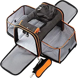 TSA Airline Approved Expandable Pet Carrier, 17"x11"x11" 5-Side Entry Soft-Sided Collapsible Cat Dog Carrier (up to 15 lbs), with Alloy Frame & Removable Wool Mat for Travel