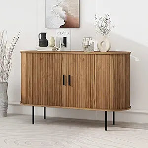 Janmer Home 47.2" Fluted Storage Cabinet with Sliding Tambour Doors, Mid Century Modern Buffet Sideboard with Storage, Oval Curved Accent Cabinet for Living Room Kitchen (Walnut)