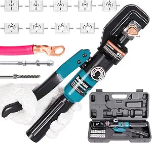 10 Ton Hydraulic Battery Cable Crimper  Single-Hand Return, 9 Hex Dies for 12-2/0 AWG, 180 Rotating Head, Pro Terminal Tool for Car/RV/Marine Power