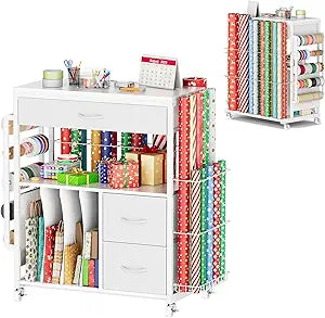 PUNLUXU Wrapping Paper Storage Cart, Rolling Gift Wrap Station with Ribbon and Gift Bag, Craft Organizer Holder, 03 MAX Patent Protected