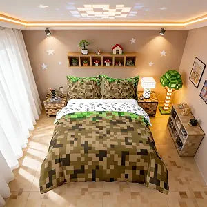 Castle Fairy Full Size Duvet Cover Pixelated Style Square Grid 100% Pure Cotton Comforter Cover Brown Green Army Camo Bedding Set with 2 Pillowcases (Not Comforter) Cartoon Gamepad Modern Quilt Cover