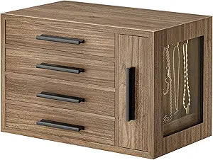 HOOBRO Jewelry Box for Women, Wooden Jewelry Organizer with Transparent Window, 4-Layer Jewelry Organizer Box, Jewelry Holder Organizer for Earrings, Necklaces, Rings, Light Walnut and Black BSD09JB04