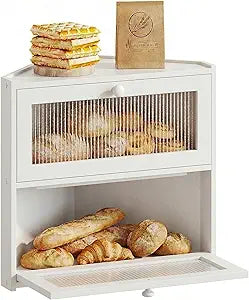 BAMBANG Corner Bread Box for Kitchen Countertop, Double Layer Bamboo Bread Storage Container with Wavy Windows, Farmhouse Large Bread Bin, Wooden Breadbox Holder for Homemade Bread (White)