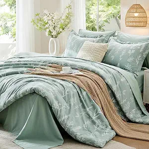 MUXHOMO Queen Comforter Set, 7-Piece Floral Bed in a Bag, Sage Green