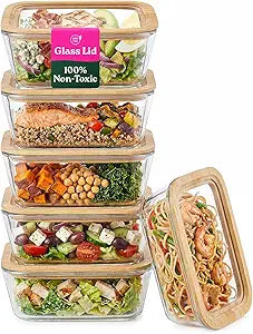6-Pack Glass Food Storage Containers with Clear-Top Bamboo Lids  Plastic Free 27 Oz Glass Meal Prep Containers for Lunch, Eco Friendly Airtight Food Storage, Microwave & Freezer Safe