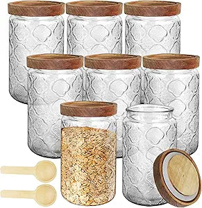 8 Pcs 34 oz Vintage Glass Jars with Lids and Spoons Begonia Pattern Candy Airtight Storage Jars Glass Storage Pantry for Kitchen Counter Coffee Bean Sugar Grains Flour Oats Tea